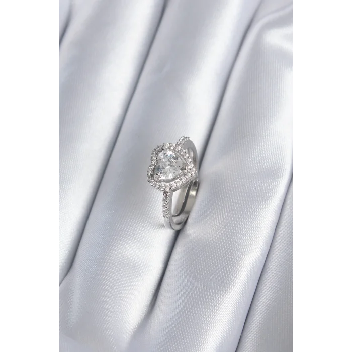 Pirinç Gümüş Renk Zirkon Taşlı Kalp Charm Model Kadın Yüzük