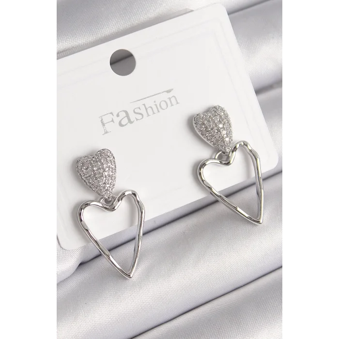 Pirinç Gümüş Renk Zirkon Taşlı Kalp Model Kadın Küpe