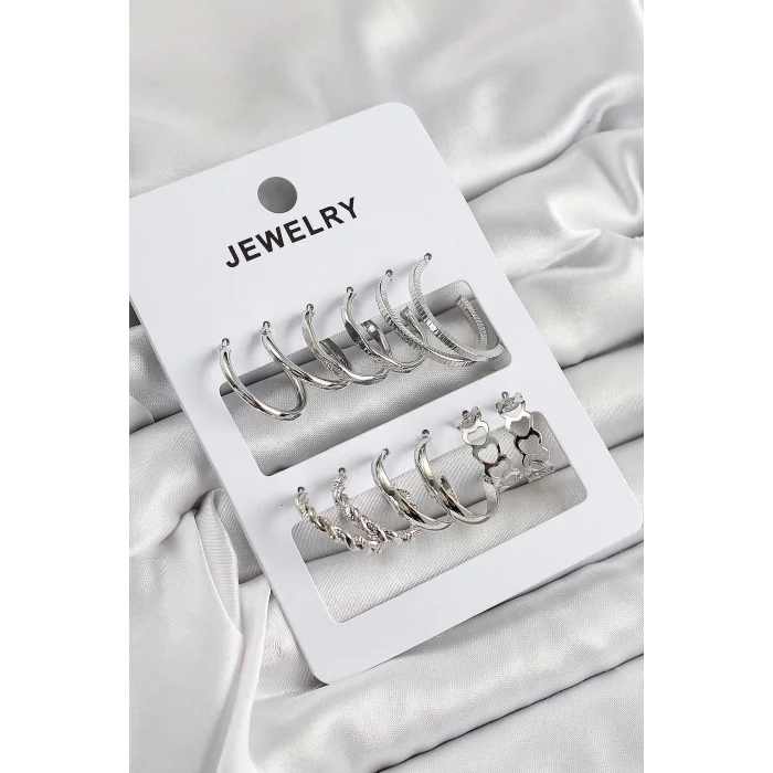 Pirinç Karışık Halka Model Gümüş Renk 6 Çift Kadın Küpe Set