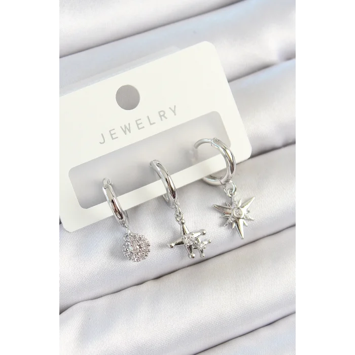 Pirinç Zirkon Taşlı Kutup Yıldızı Model Gümüş Renk 3lü Çift Kadın Küpe Set