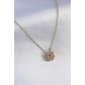 316L Çelik Gold Renk Açılır Zirkon Taşlı Yonca Model Kadın Kolye