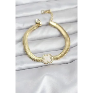 316L Çelik Gold Renk Beyaz Yonca Model Zirkon Taşlı Yılan Zincirli Kadın Bileklik