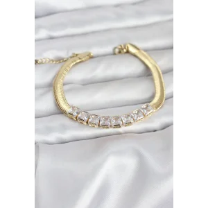 316L Çelik Gold Renk Kare Zirkon Taşlı Yılan Zincirli Kadın Bileklik