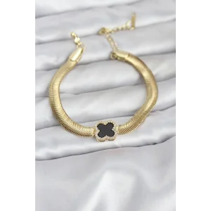 316L Çelik Gold Renk Siyah Yonca Model Zirkon Taşlı Yılan Zincirli Kadın Bileklik