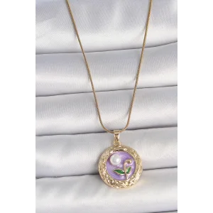 316L Çelik Gold Renk Zincir Mor Çiçek İşlemeli İnci Detay Potre Model Kadın Kolye