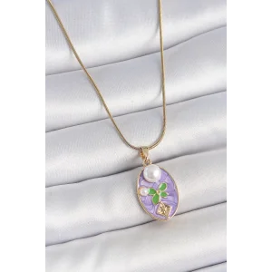 316L Çelik Gold Renk Zincir Mor Mineli Oval İncili Çiçek İşlemeli Portre Model Kadın Kolye