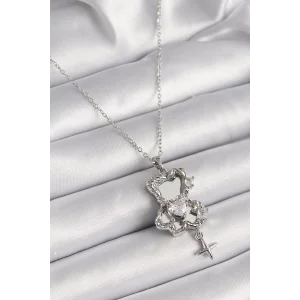 316L Çelik Gümüş Renk Ayna Ayıcık Model Zirkon Taşlı Kalp Detay Kadın Kolye