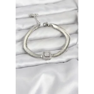 316L Çelik Gümüş Renk Baget Zirkon Taşlı Yılan Zincirli Kadın Bileklik