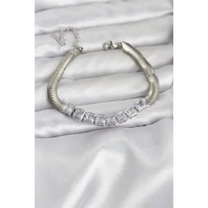 316L Çelik Gümüş Renk Kare Zirkon Taşlı Yılan Zincirli Kadın Bileklik