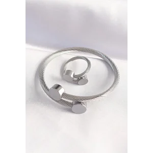 316L Çelik Gümüş Renk Oval Aksesuarlı Burgu Model Bileklik ve Yüzük Kombini