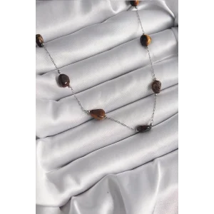 316L Çelik Gümüş Renk Zincir Kahverengi Doğaltaş Model Kadın Kolye