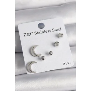 316L Çelik Gümüş Renk Zirkon Taşlı Hilal Model Kadın Küpe Seti