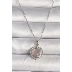 316L Çelik Gümüş Renk Zirkon Taşlı Pembe Sedefli Hilal Model Kadın Kolye