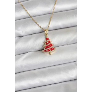 316L Çelik Zincir Gold Renk Kırmızı Çam Ağacı Model Yılbaşı Temalı Kadın Kolye