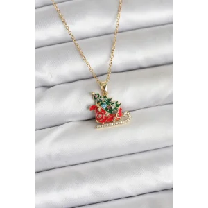 316L Çelik Zincir Gold Renk Kızak ve Çam Ağacı Figürlü Yılbaşı Temalı Kadın Kolye