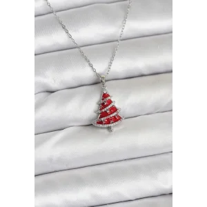 316L Çelik Zincir Gümüş Renk Kırmızı Çam Ağacı Model Yılbaşı Temalı Kadın Kolye