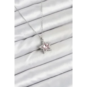 316L Çelik Zincir Gümüş Renk Pembe Taşlı Yıldız Model Kadın Kolye