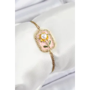 316L Çelik Zincir Pembe Mineli Sanatsal Portre İnci Detaylı Papatya Model Gold Renk Kadın Bileklik