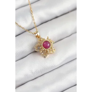 316L Çelik Zirkon Taşlı Döner Güneş Model Gold Renk Kadın Kolye