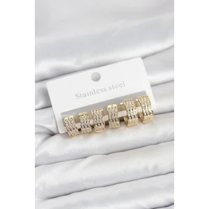 316L Çelik Zirkon Taşlı Gold Halka Küpe Seti