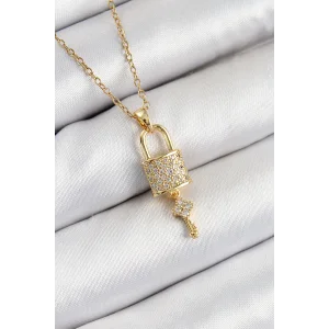 316L Çelik Zirkon Taşlı Kilit Ve Sallantılı Anahtar Model Gold Renk Kadın Kolye