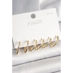 925 Ayar Gümüş Çivi Pirinç Gold Renk Üçgen Model Kadın Küpe Seti