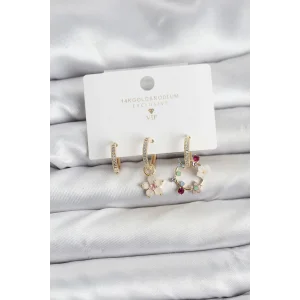 Çiçek Model Gold Renk Pirinç 3lü Kadın Küpe Seti