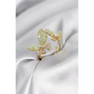 Gold Renk Su Yeşili Kelebek Model Zirkon Taşlı Kadın Yüzük