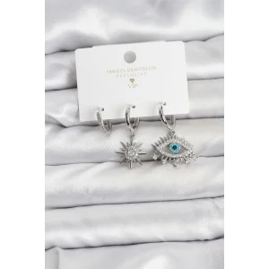 Göz Model Gümüş Renk Pirinç 3lü Kadın Küpe Seti