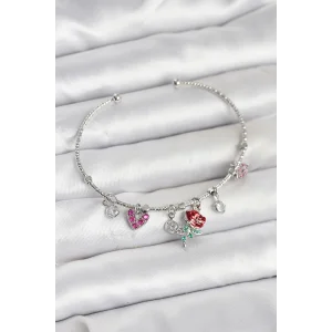 Gül Charmlı Gümüş Renk Pirinç Kadın Bileklik