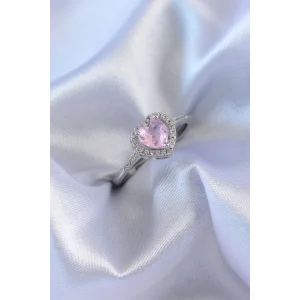 Gümüş Renk Pembe Zirkon Taşlı Kalp Charm Model Pirinç Kadın Yüzük
