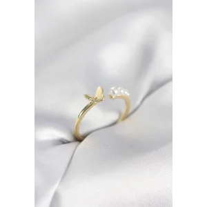 İncili Kelebek Model Gold Renk Pirinç Kadın Yüzük