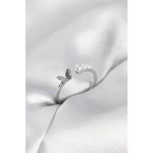 İncili Kelebek Model Gümüş Renk Pirinç Kadın Yüzük