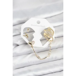 Kalp Yıldız Model Pirinç Gold Renk Zincir Bağlantılı Ear Cuff Küpe Seti