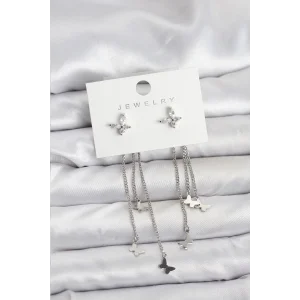 Kelebek Model Gümüş Renk Pirinç Sallantılı Kadın Küpe
