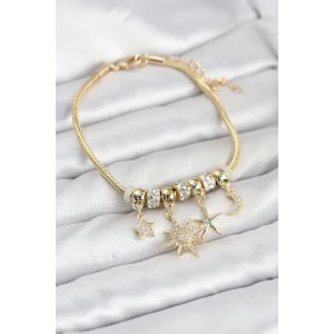 Pirinç Gold Renk Güneş Tema Charmlı Kadın Bileklik