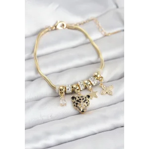 Pirinç Gold Renk Kaplan Model Charmlı Kadın Bileklik