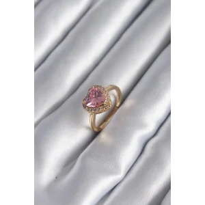Pirinç Gold Renk Pembe Zirkon Taş Kalp Charm Model Kadın Yüzük