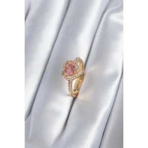 Pirinç Gold Renk Pembe Zirkon Taş Kalp Charm Model Kadın Yüzük