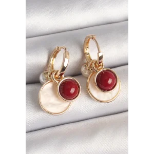 Pirinç Gold Renk Sallantı Beyaz Mineli Bordo Detay Kadın Küpe