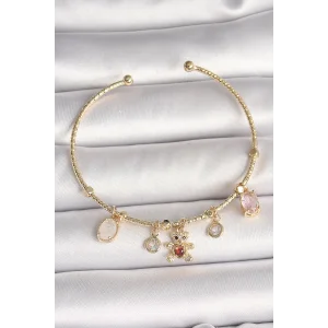 Pirinç Gold Renk Sallantı Zirkon Taşlı Ayıcık Figür Kırmızı Kalp Detay Charm Kadın Bileklik