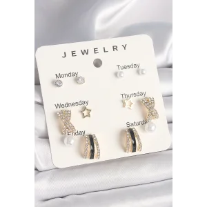 Pirinç Gold Renk Zirkon Taş Yıldız Detaylı İncili 7Li Set Kadın Küpe Seti