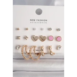 Pirinç Gold Renk Zirkon Taşlı Burug Halka Model İşlemeli Kalp Detay 9 Çift Kadın Küpe Seti