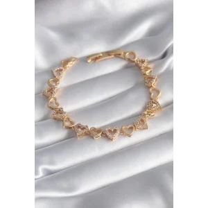 Pirinç Gold Renk Zirkon Taşlı Kalp Model VIP Seri Kadın Bileklik