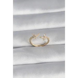 Pirinç Gold Renk Zirkon Taşlı Kelebek Model Kadın Yüzük
