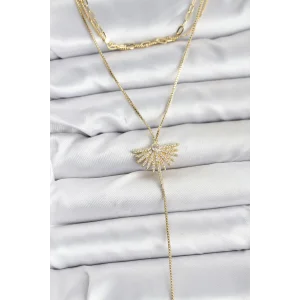Pirinç Gold Renk Zirkon Taşlı Yelpaze Model Detaylı 3lü Kombin Y Kadın Kolye