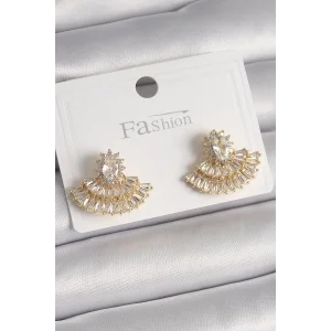 Pirinç Gold Renk Zirkon Taşlı Yelpaze Model Kadın Küpe
