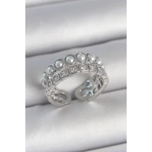 Pirinç Gümüş Renk 2Li Sıra Zirkon Taşlı Ve İncili Ayarlanabilir Kadın Yüzük