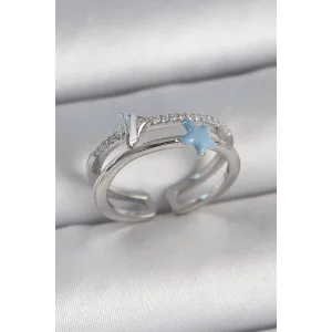 Pirinç Gümüş Renk 2Li Zirkon Taşlı Mavi Yıldız Figür Ayarlanabilir Kadın Yüzük