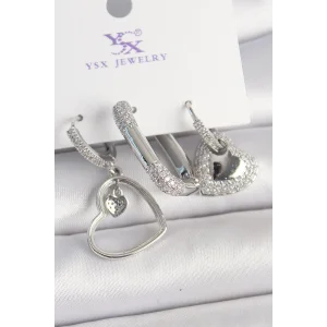 Pirinç Gümüş Renk Sallantı Zirkon Taşlı Kalp Model 3Lü Kadın Kombin Küpe